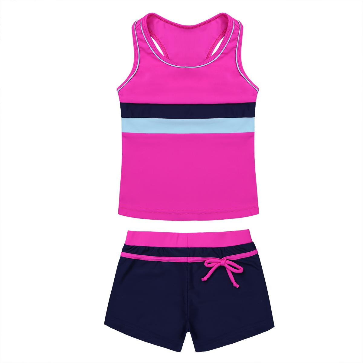 IEFiEL Meisjes Kinderen Tweedelige Badmode Badpak Bikini Badpak Tankini Sport Vest Tops Broeken Shorts 5-6 Years helder roze