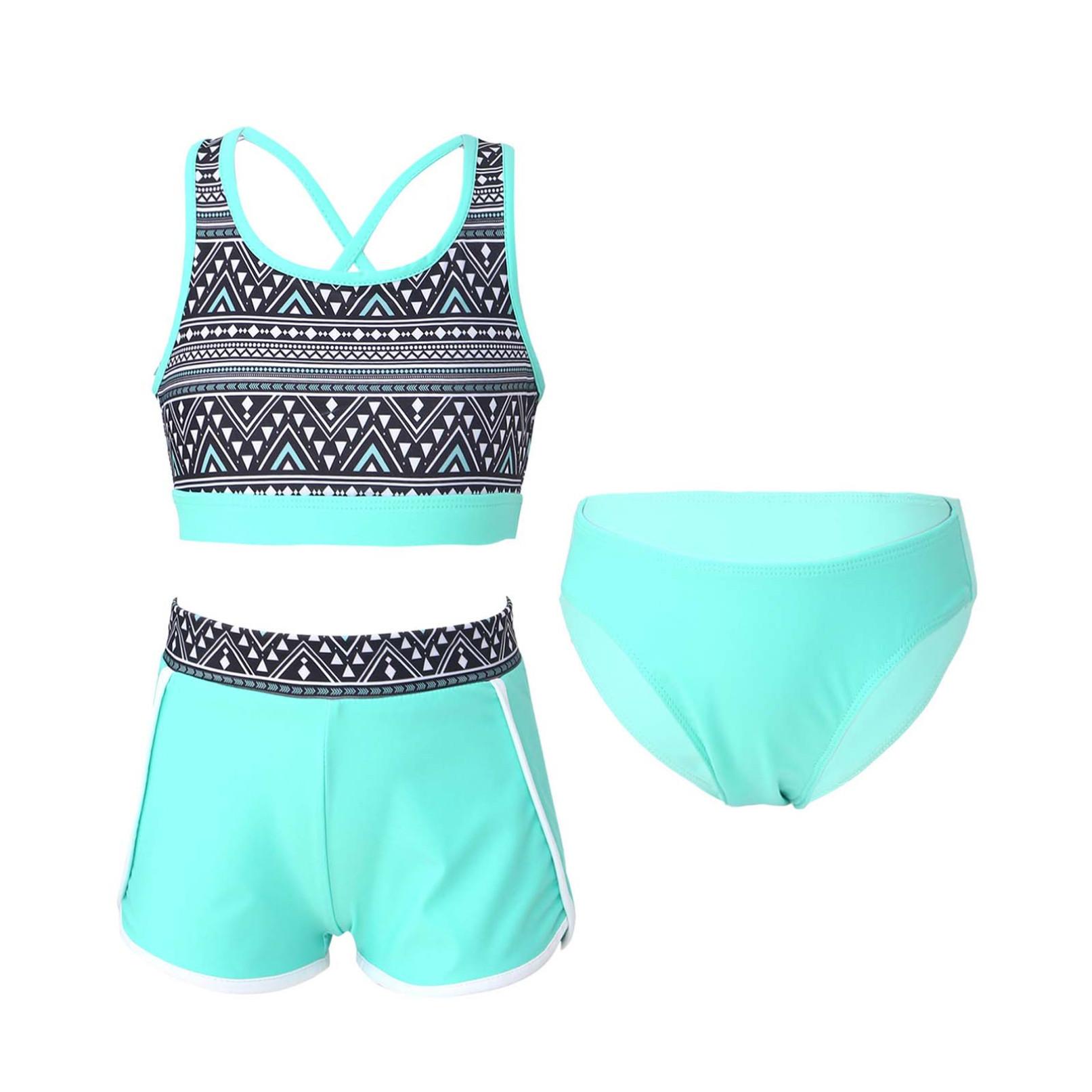 YONGHS 3-delige meisjesbikinisets met bloemenprint, badpak, rugloze top en bikinibroekjes, shorts, badkleding, maat 6-16 jaar 13-14 Years mintgroene kleur