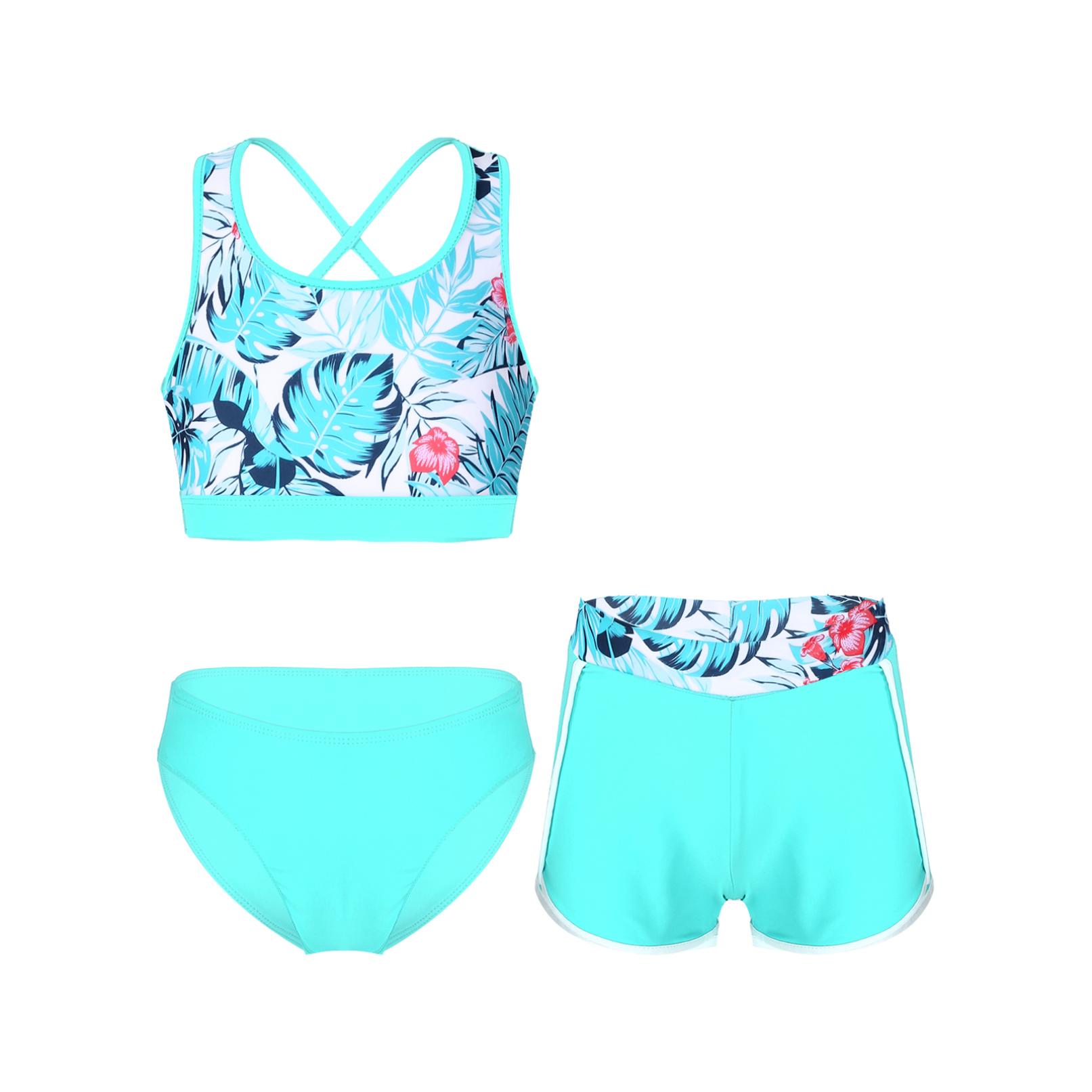 YONGHS 3-delige meisjesbikinisets met bloemenprint, badpak, rugloze top en bikinibroekjes, shorts, badkleding, maat 6-16 jaar 11-12 Years meer groene kleur