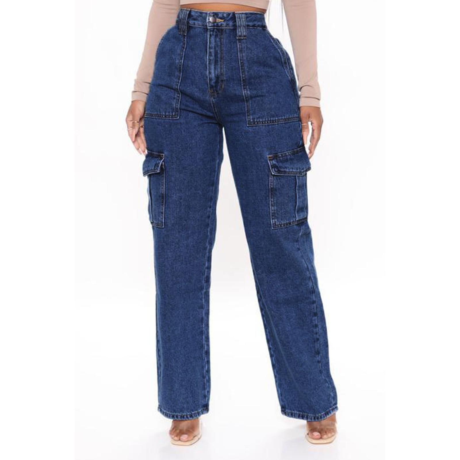 Ximalaya Dames rechte losse broek met wijde pijpen, cargo jeans met meerdere zakken, casual jeans voor dames XL donkerblauwe kleur