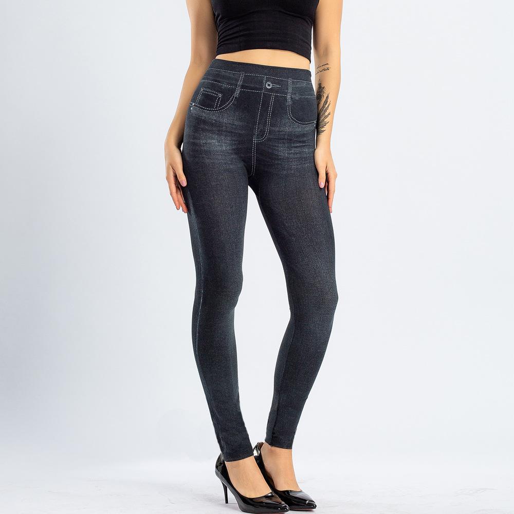 ZUERLE Effen kleur vintage legging rekbare dames valse jeans plus size jeggings zachte nep denim yoga damesbroek L zwart