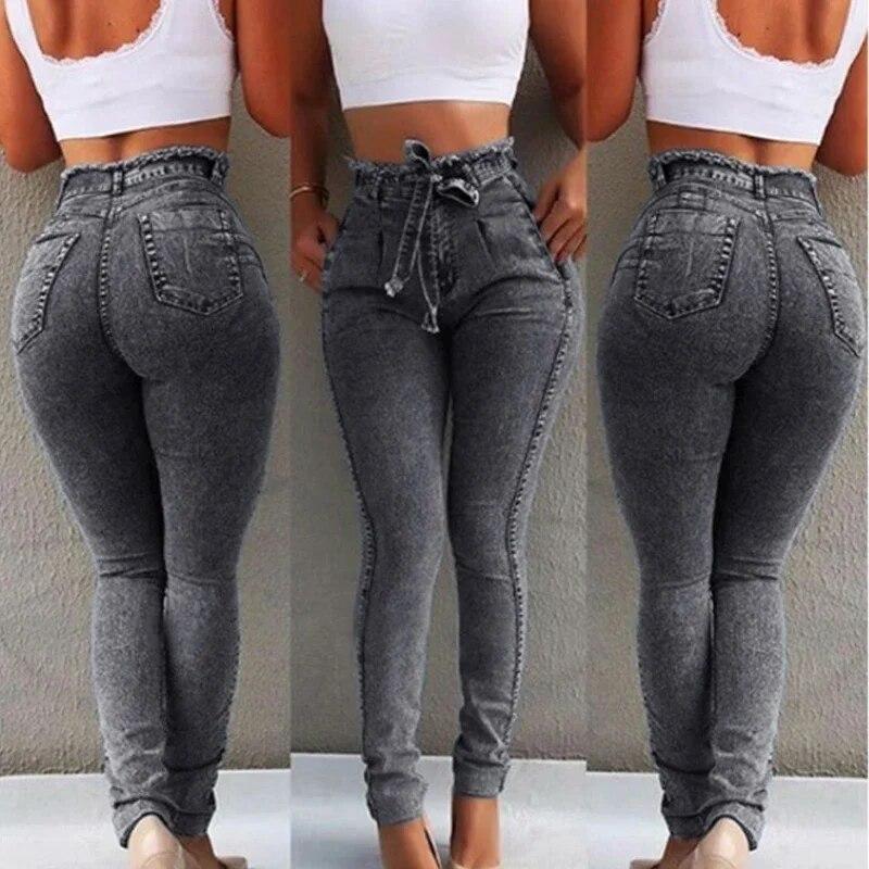 Best do it Vrouwen Jeans Skinny Elastische Denim Jeans Casual Mode Kwastje Riem Hoge Taille Gebleekte Potlood Broek S-5XL Lange Broek 30208 XXL grijze kleur