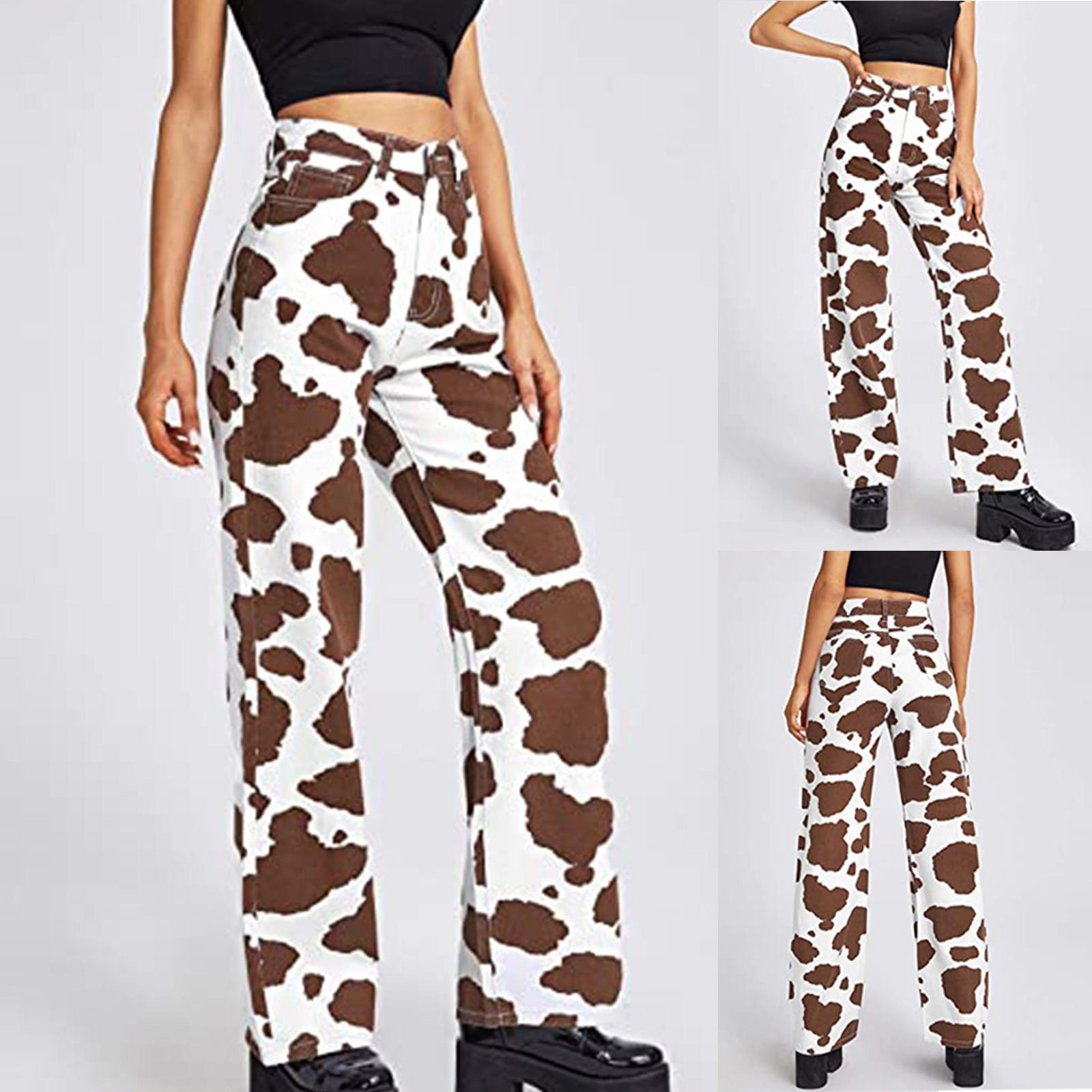 Baihe Mode Dames Hoge Taille Losse Zak Koe Print Jeans Broek XL bruin