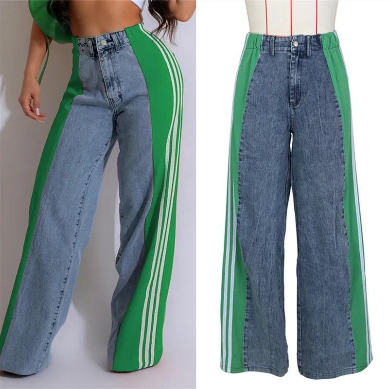 Roser Mode streep splicing jeans denim wijde pijp broek vrouwen hoge taille knoop rechte broek casual vrouwelijke bodems XXL