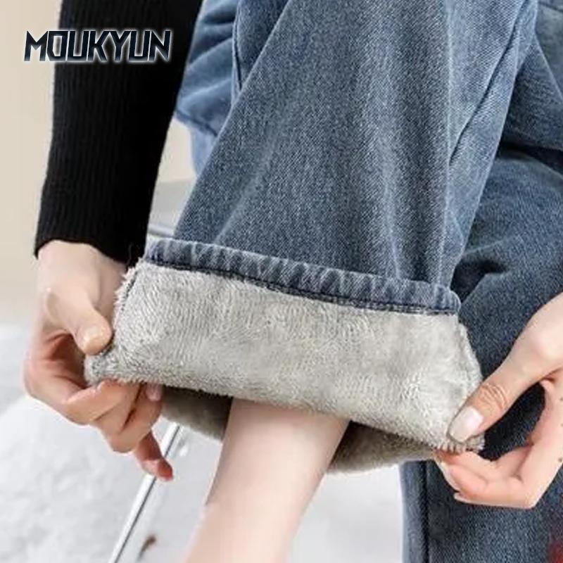 MOUKYUN Winter Dikke Plus Dames Hoge Taille Skinny Jeans Warm Slim Fit Stretch Dames Casual Denim Potloodbroek XXL