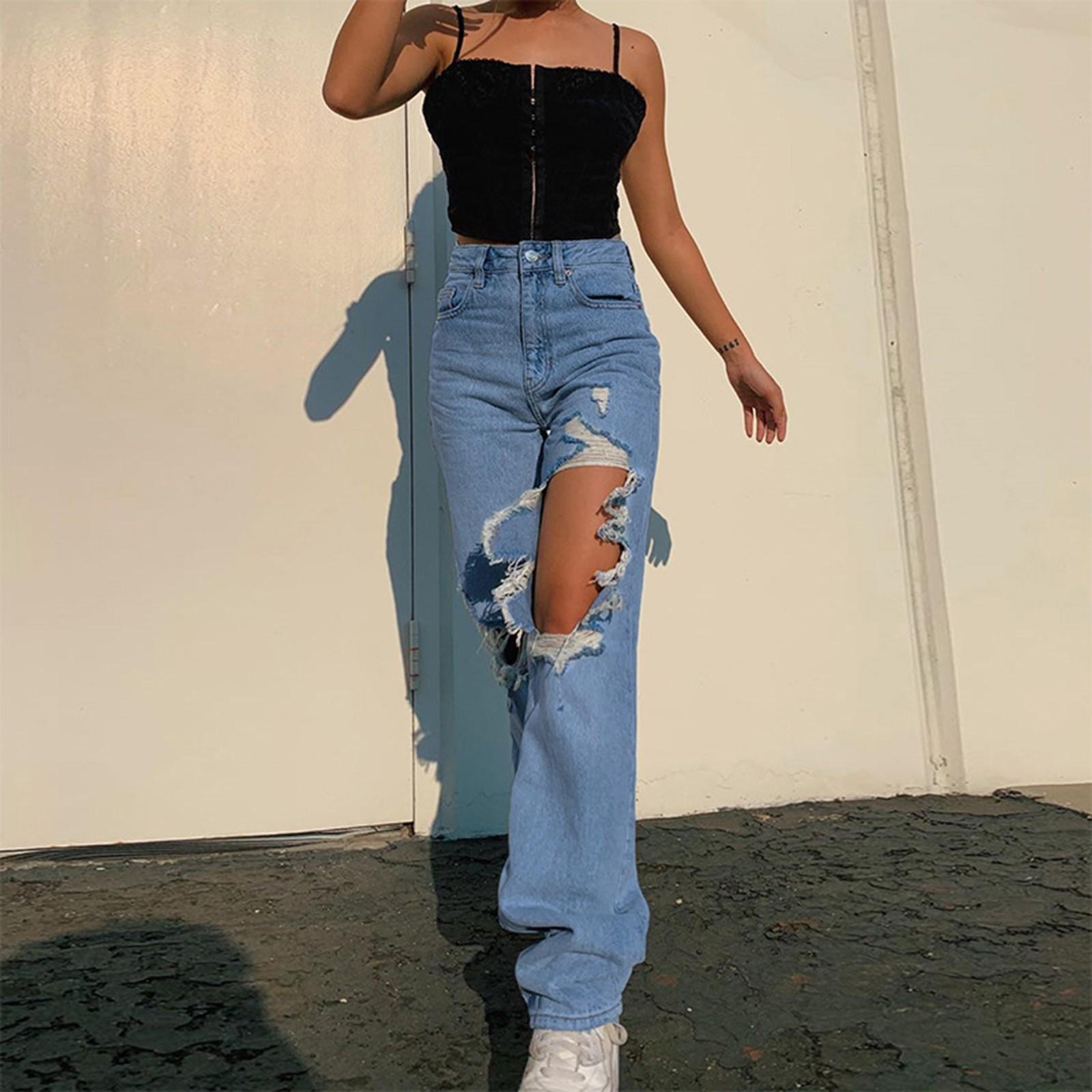 Tabajw Damesmode Asymmetrische Effen Kleur Gescheurde Rechte Jeans M