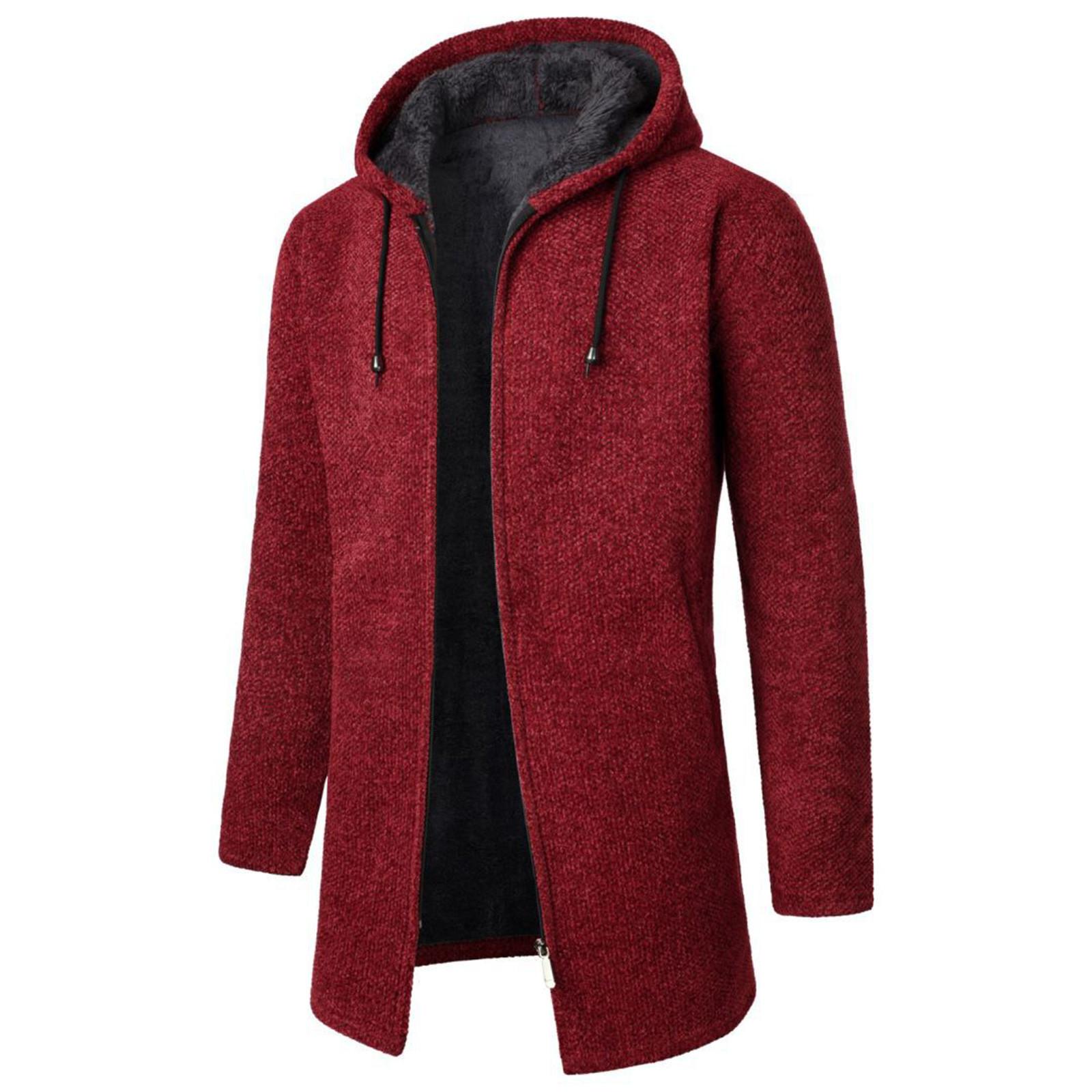 Ren Fashion Middellange herenjas met capuchon, pluche, geruite gebreide jas met trekkoord, trui, warme effen kleur jassen, tops XL rood