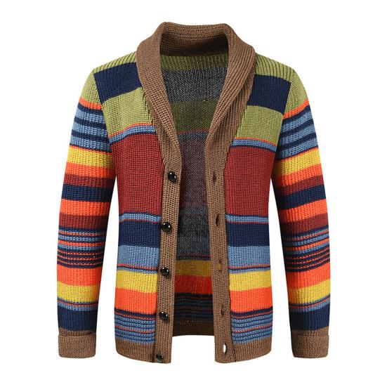 Yunzhu Mannen herfst winter trui jas gebreid kleur bijpassende gestreept vest met één rij knopen losse elastische revers met lange mouwen casual knoppen heren jas XL rood