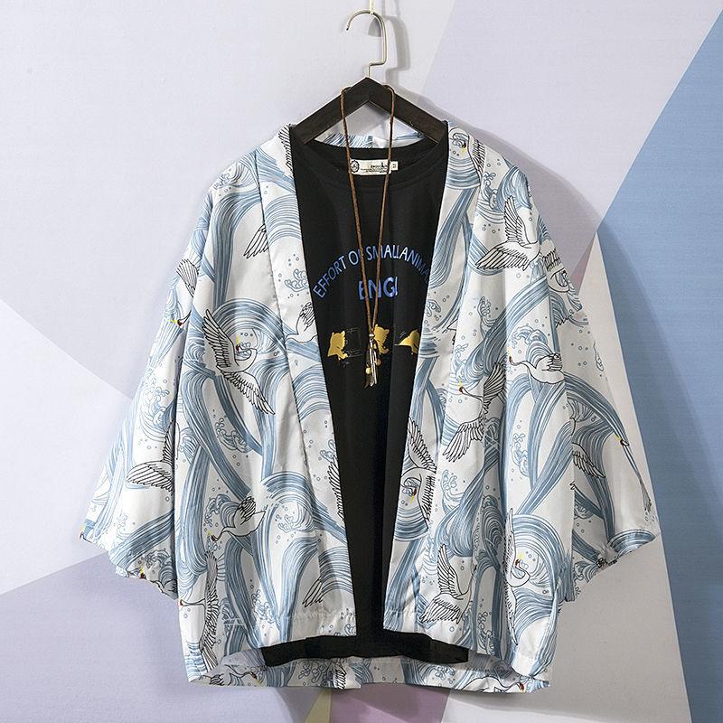 Cloth W Mode Traditionele Japanse Kimono Cardigan Mannen Vrouwen Zonnebrandcrème Bedrukking Dunne Losse Kimono Jas L wit/blauw