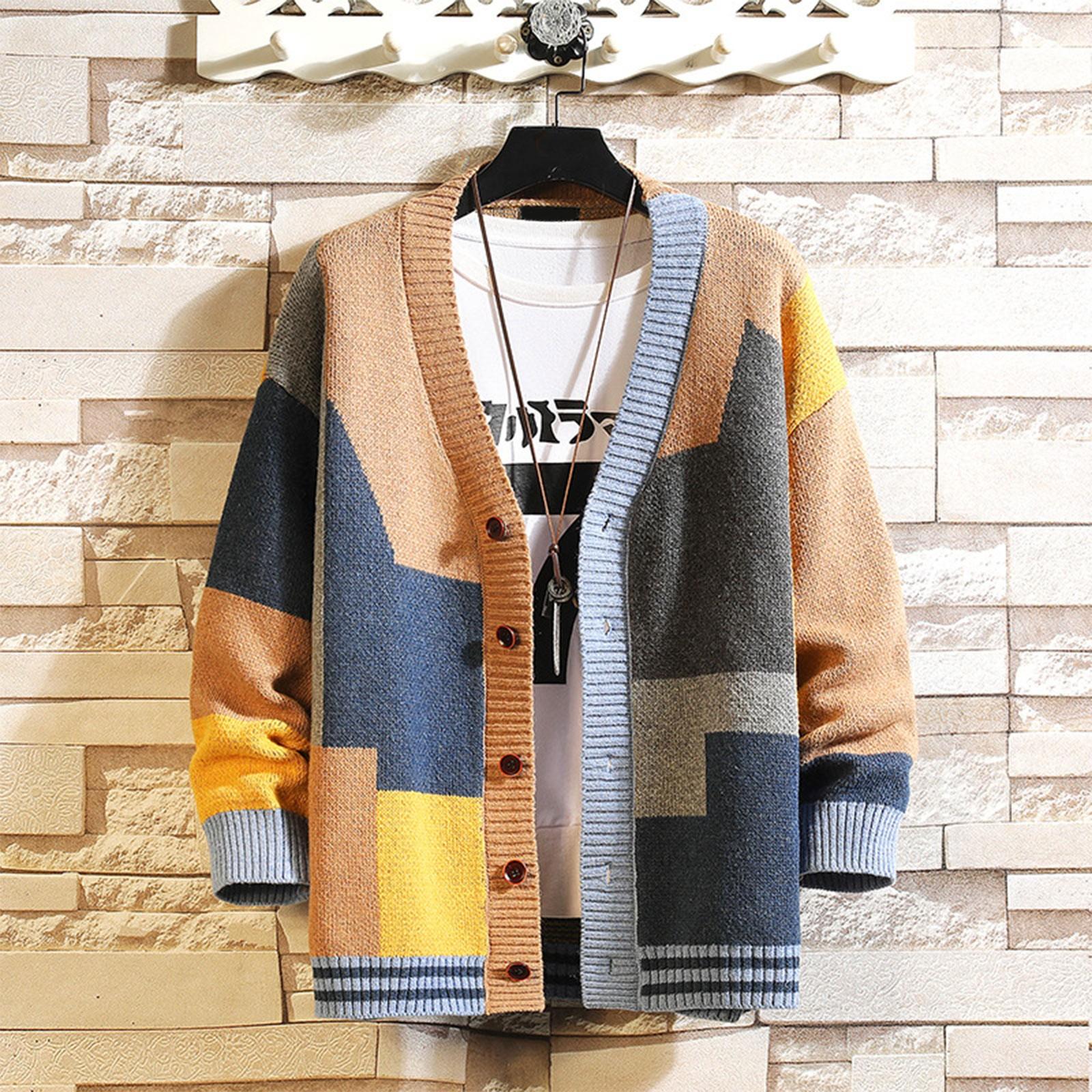 Niubiplus Herfst Stijl Nieuwe Heren Contrasterende Kleur Trui Cardigan Splicing V-hals Trui Grote Jas XXXXXL kaki