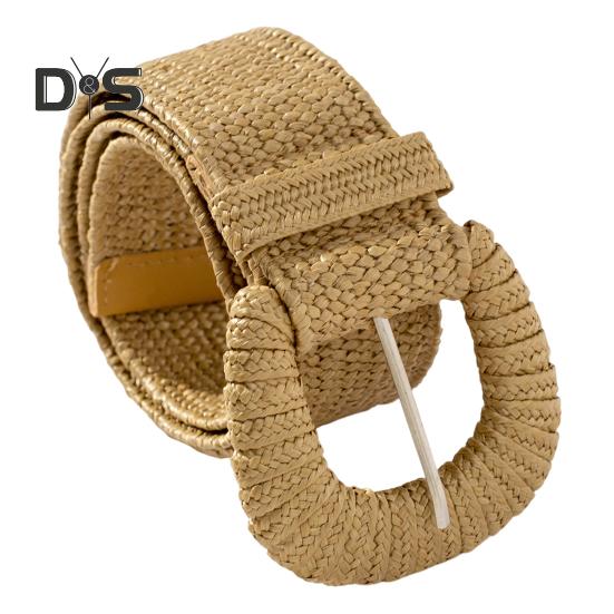 Costume Style Vrouwen Riem Elastische Stro Geweven Brede Riem Effen Kleur Jurk Jeans Boho Rekbare Dames Casual Riem Kleding Accessoire 100cm kaki