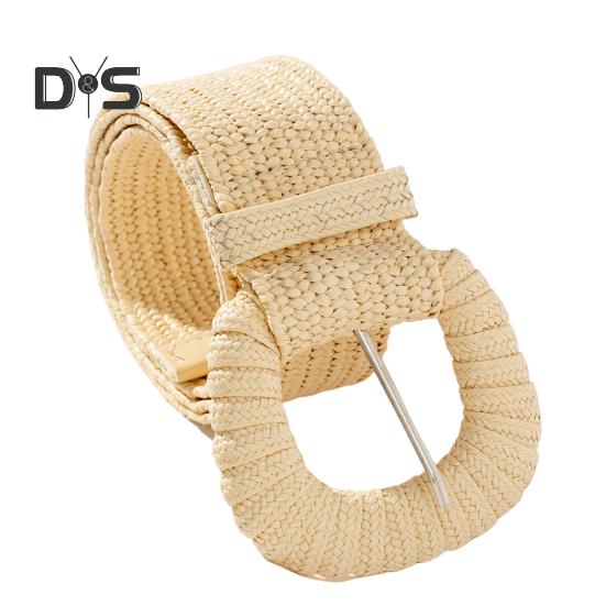 Costume Style Vrouwen Riem Elastische Stro Geweven Brede Riem Effen Kleur Jurk Jeans Boho Rekbare Dames Casual Riem Kleding Accessoire 100cm beige