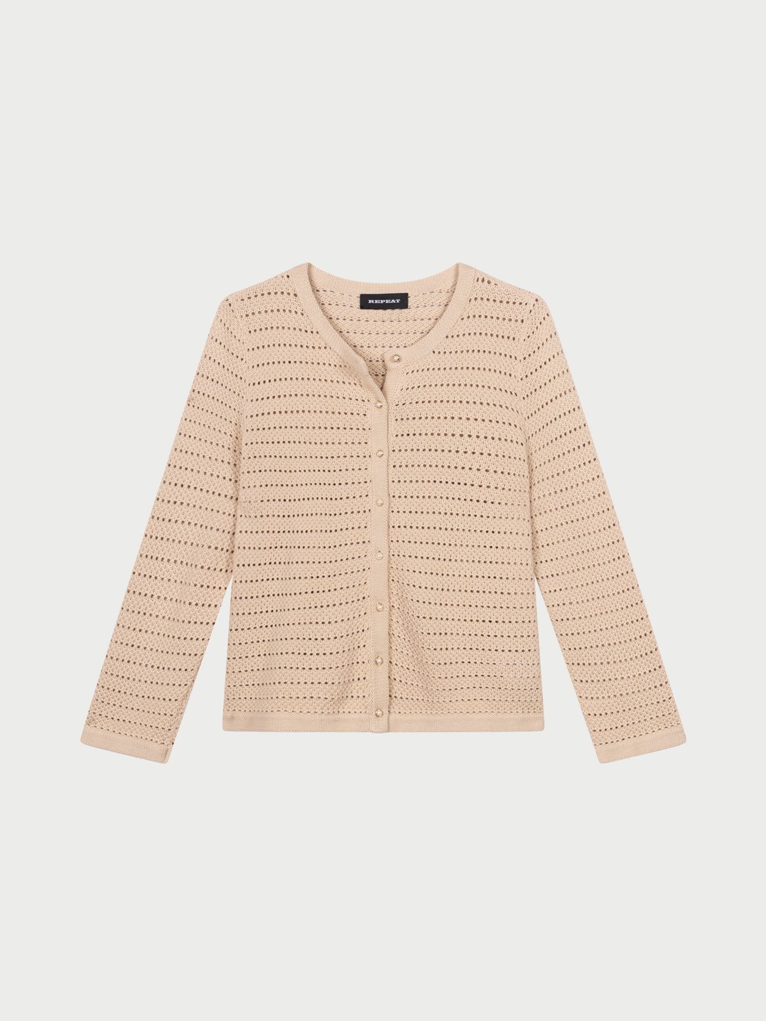 REPEAT cashmere Boxy ajour cardigan met parelknopen