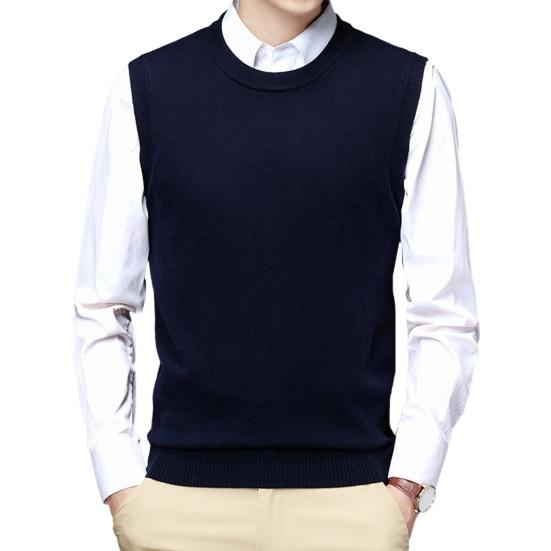 Jiantengxujm Heren herfst winter top vest mouwloos ronde hals gebreide elastische effen kleur trui warm casual eenvoudige stijl heren dieptepunt trui M marineblauwe kleur