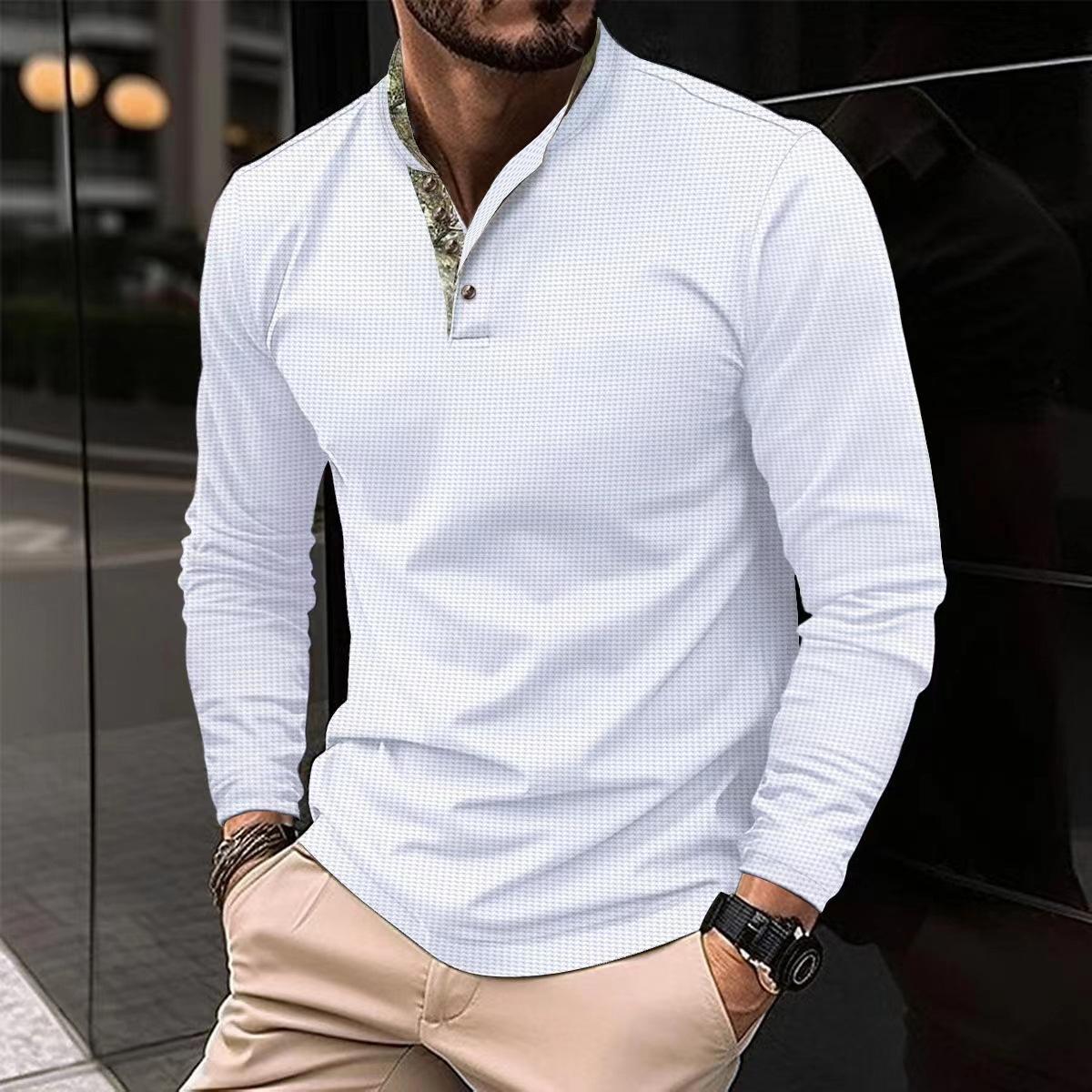 Fashion human Lente en herfst nieuwe heren POLO shirt dubbellaags kraag splitsen lange mouwen trui tops T-shirt heren XL wit