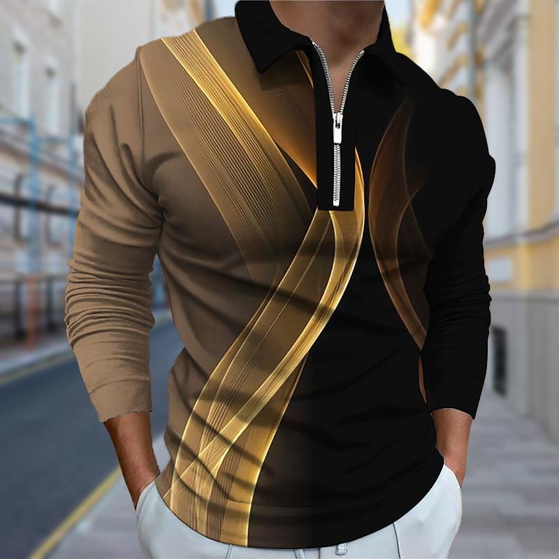 3D Custom Clothing Poloshirts Heren Lange Mouw Gedraaide Lijnen Print Nieuw Heren Poloshirt Lange Mouw Rits T-shirt Top L oranje