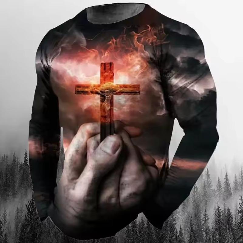 BOLIV MODA Mode Casual Heren T-shirt met lange mouwen 3D-geprint Retro Jezus Christus Straatpersoonlijkheid Losse O-kraag Harajuku Oversized Top S