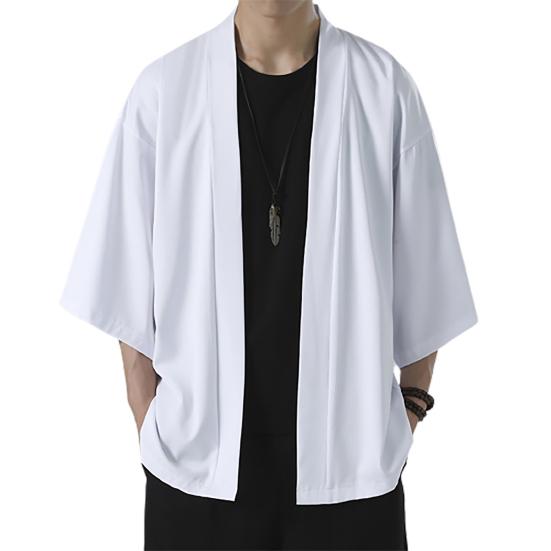 Chosyin Herenoverhemd Kimono Japanse Stijl Effen Kleur Samurai Kostuum Aziatische Kleding Driekwart Cardigan Herenoverhemd Jas M wit