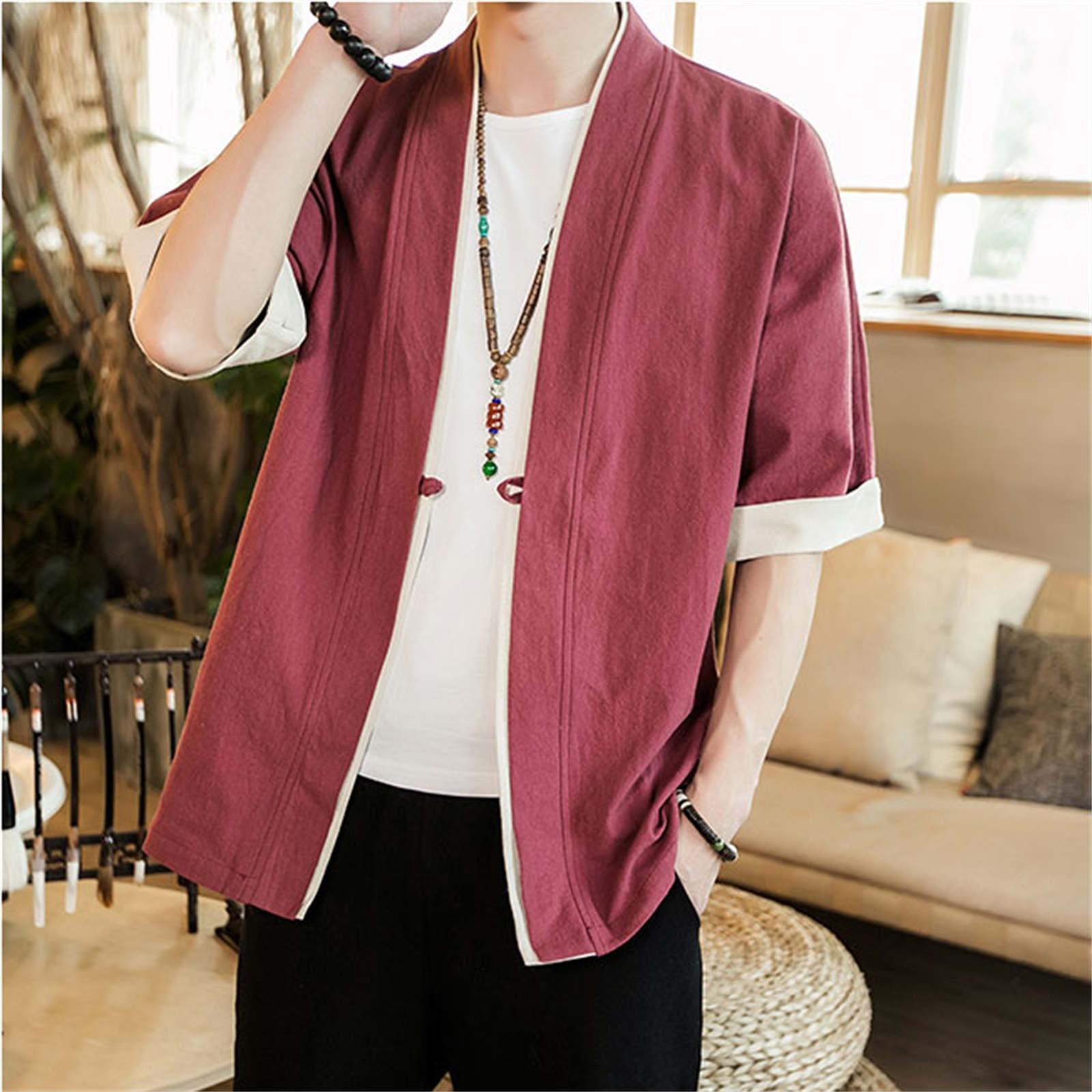 Long nose Heren linnen Japanse kimono eenknoops vest jas oude stijl M wijn