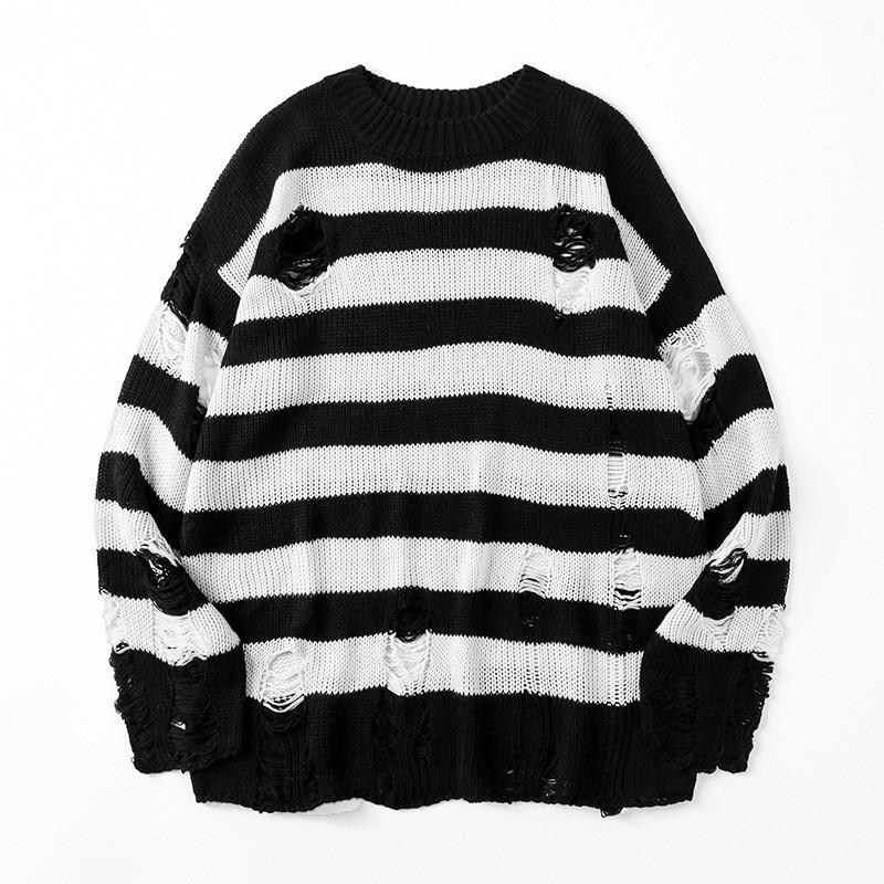 FX Men Zwarte strepen truien vernietigd gescheurde trui heren pullover gat gebreide truien heren oversized sweatshirt harajuku lange mouwen tops XL wit