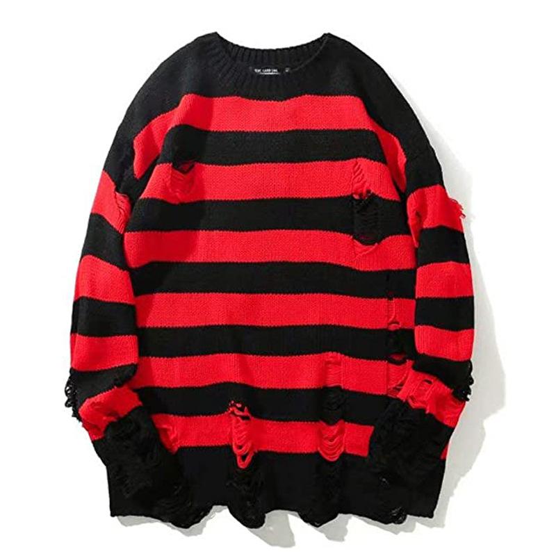 FX Men Zwarte strepen truien vernietigd gescheurde trui heren pullover gat gebreide truien heren oversized sweatshirt harajuku lange mouwen tops M rood zwarte kleur