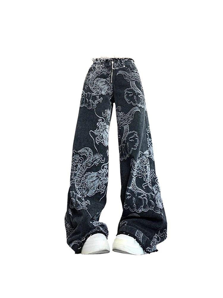 Exotic Dames Zwart Gothic Dragon Print Jeans Baggy Vintage Esthetische Cowboy Broek Harajuku Denim Broek Y2k Trashy 2000s Kleding 2024 S zwart
