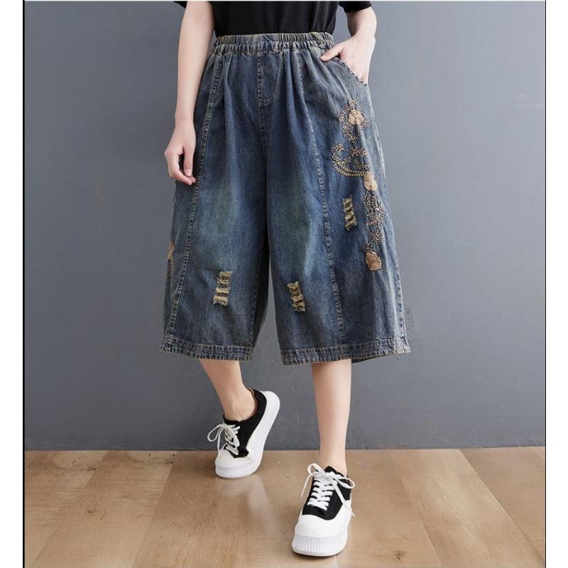 DSorothy Plus Size Denim Wijde Broek Dames Zomer Losse en Dunne Elastische Taille Geborduurde Ripped Cropped Broek L blauw