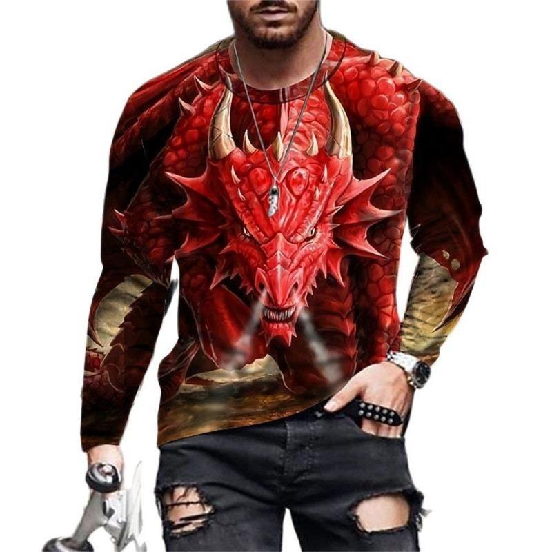 HerSight Heren lente- en herfst T-shirt met lange mouwen Heren losse ronde hals hoodie 3D-geprint bedrukte top met lange mouwen 6XL