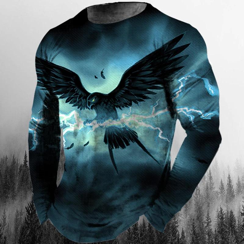HerSight Heren lente- en herfst T-shirt met lange mouwen Heren losse ronde hals hoodie 3D-geprint bedrukte top met lange mouwen 3XL