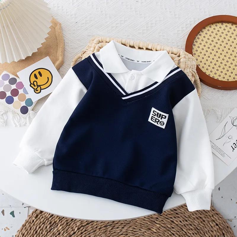 Yoghurt Lente- en herfsttruien voor jongens, kinderpoloshirts, nep-tweedelige babykleding 150 donkerblauwe kleur