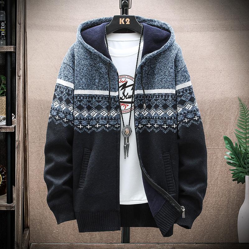 Yoxier Heren Fleece Warm Cardigan Plaid Trui Capuchon Winterkleding Harajuku Jas Volledige Rits Cardigans Jas Mode Gebreide Trui 2XL  72-80kg