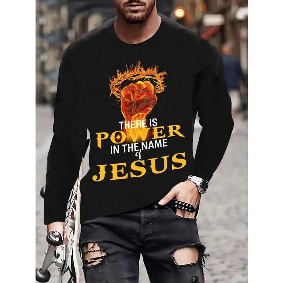 Men look 3D Clothes Christelijk Letterpatroon JEZUS Vintage Heren T-shirt Lange Mouw Ronde Hals 3D Geprint T-shirt Sport Oversized Herenkleding M