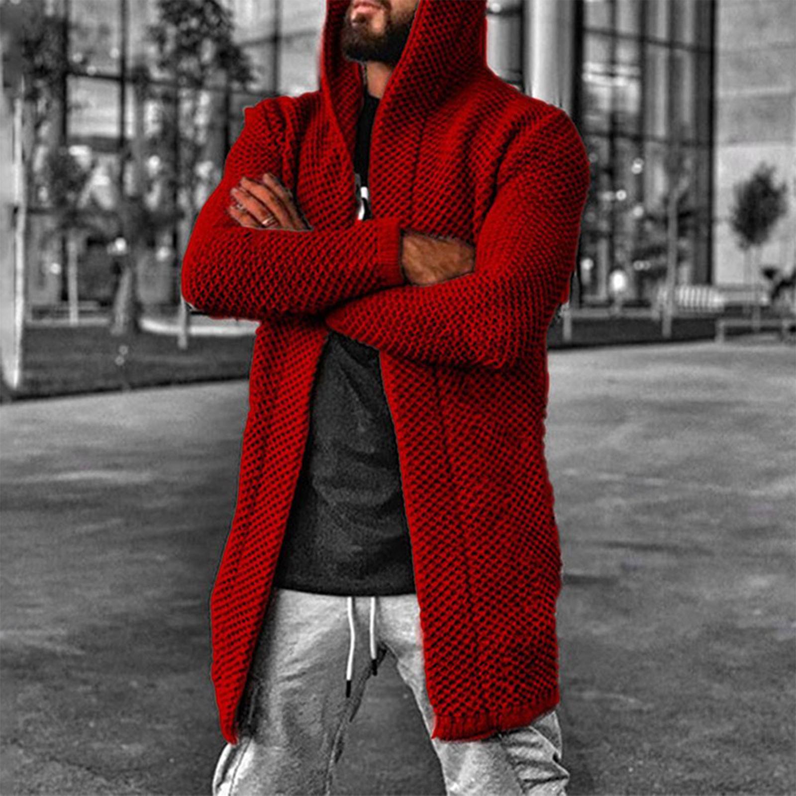 Ren Fashion Europa en Amerika Heren Cardigan Effen Kleur Capuchon Hoge Hals Trui Jas Trui XL rood