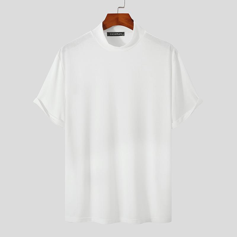 INCERUN Zomer Heren Hoge Hals Korte Mouw Basics T-shirts Slim Fit Effen Kleur Comfortabel Casual Losse Ondershirts T-shirts Plus Size 3XL wit