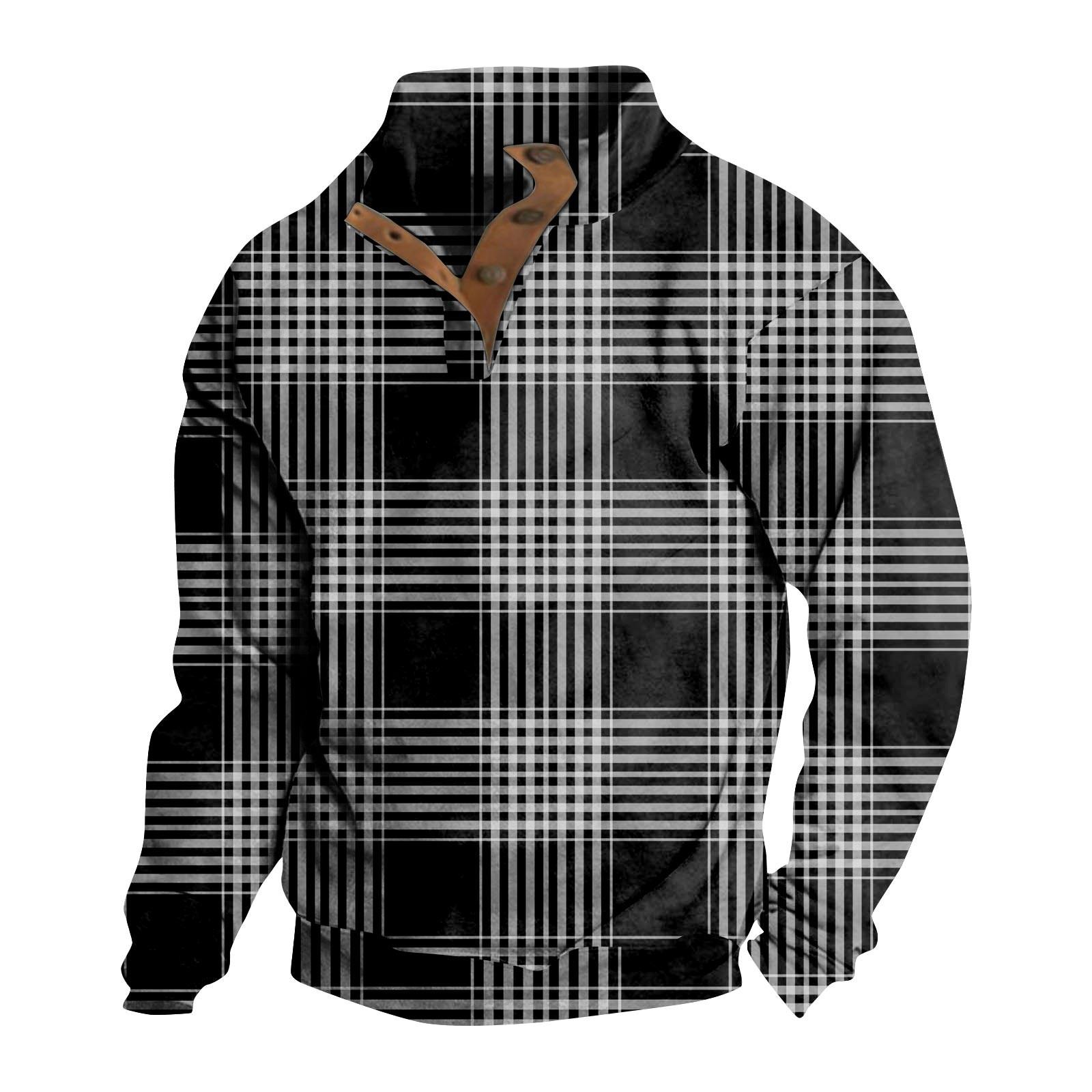 Ren Fashion Heren Casual Mode Plaid Bedrukt Capuchonloos Sweatshirt Brede Heren Losse Knoop Stand Kraag Capuchon Sweatshirt XXXL zwart