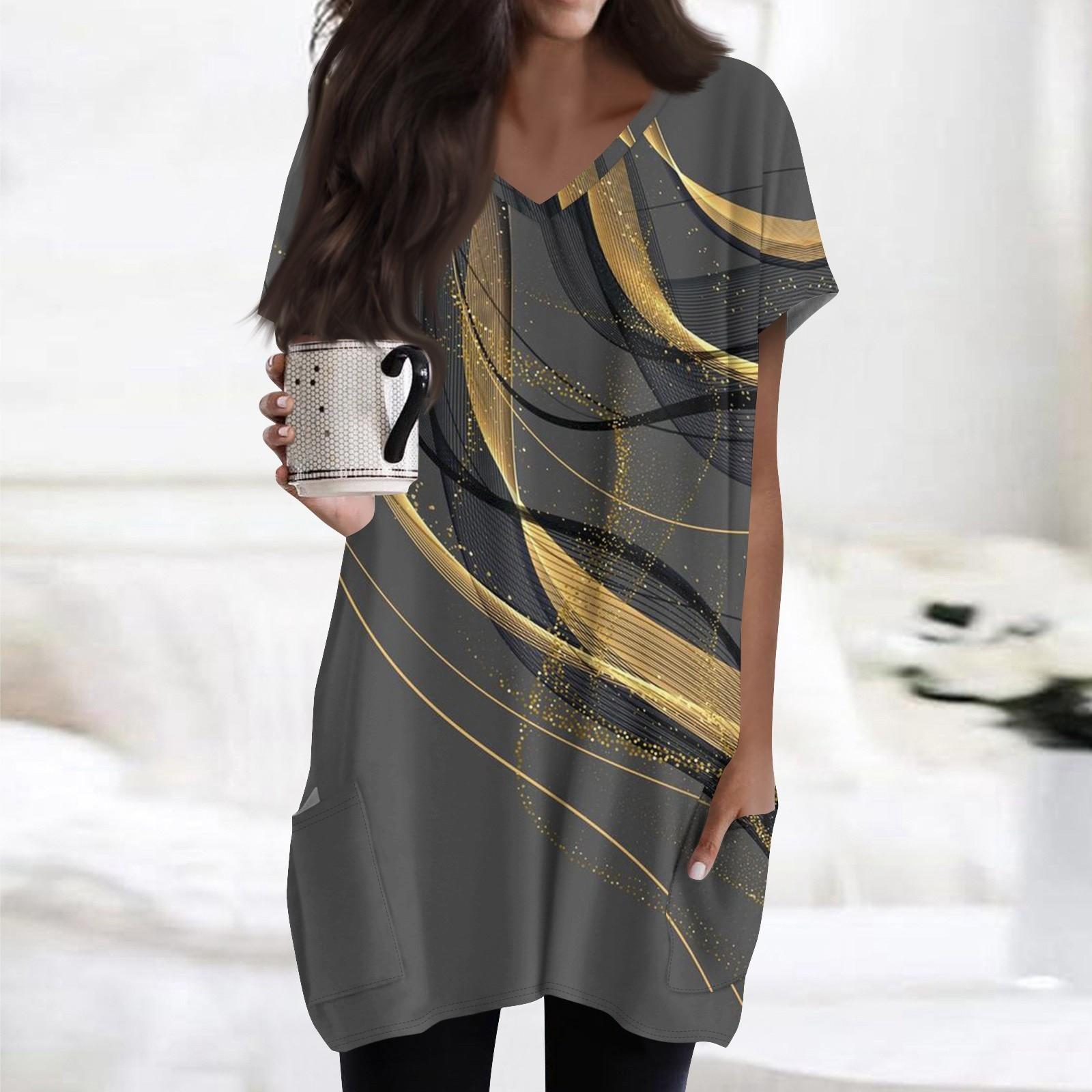 Hong Hollyland Dames Tops V-hals Korte Mouw Blouses Casual Mid-length Shirts Mode Print Tuniek Tops Met Zakken L