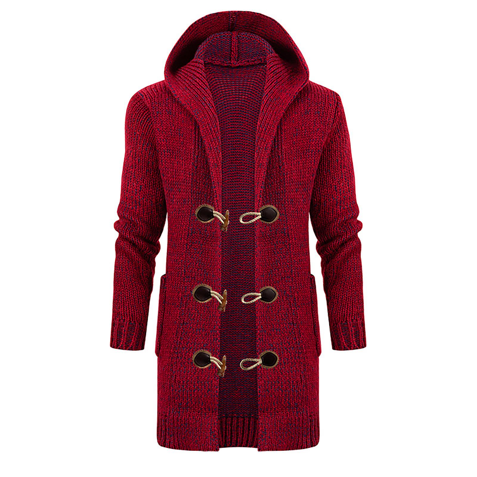 Ren Sexy Toy Heren effen gebreide jas met capuchon, lang windjack, knoopvest, middellange trui XL wijn