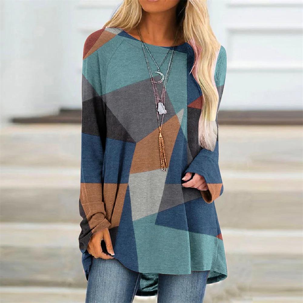 ETST 007 Color Block Geometry T-shirts 3D-geprinte damesmode T-shirt met lange mouwen Oversized streetwear Dames tuniek T-shirts Tops Kleding 5XL