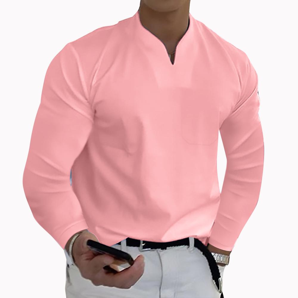 Source universe Plus Size 5XL Heren Elegante Polo Shirts 2022 Lange Mouw Effen Kleur Pocket Shirt Mannelijke Top Truien Sexy Mannen dagelijkse Kleding M roze