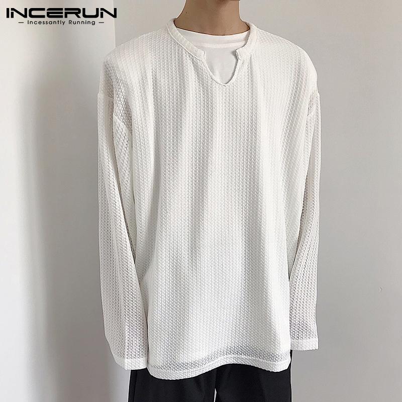 INCERUN Lente Heren V-hals Lange Mouw Losse Tops 4XL wit