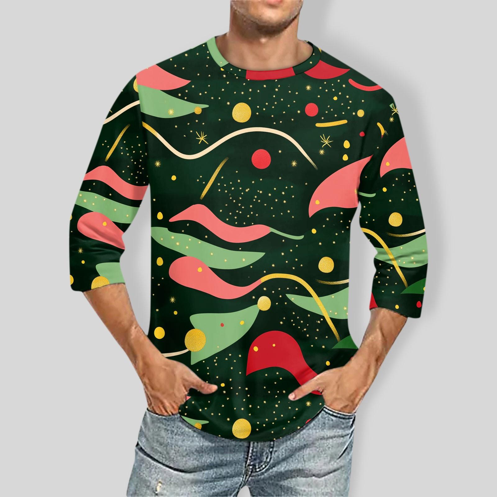 Xingben Two Men's Christmas print Round Neck Three Quarter Sleeve Top T-shirt XXXXL