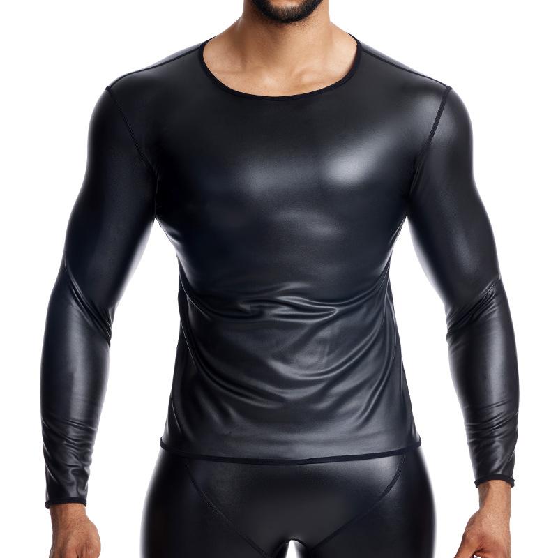 Forever Men Mannen Stand Collar Lange Mouw Leren T-shirt Slank Ondergoed Body Shapers Taille Trainer Korsetten Buik Shapewear Leren Shirts 2XL