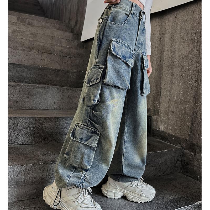 HAOAXIN Trendy en coole straatmeisjesbroeken, streetdance-denimwerkbroeken voor kinderen, prestatiekleding, nieuwe jeans voor grote kinderen 140