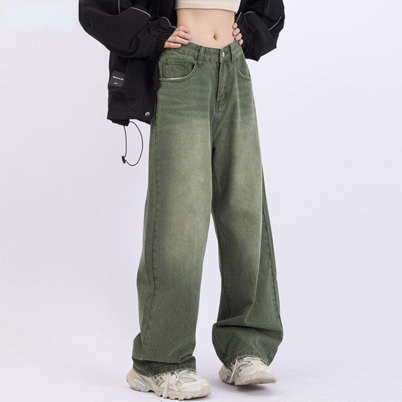 Framont Fashion House Dames retro jeans met rechte pijpen, groene lente, hoge taille, wijde dunne broek met wijde pijpen, denim broek, grote maat dameskleding 4XL groen