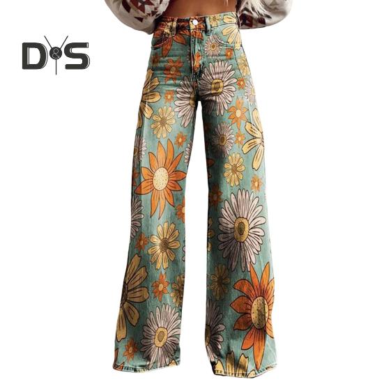 Mud in your eye Dames casual broeken kleurrijke 3D bloemenprint uitlopende pijpen hoge taille plus size jeans knoopsluiting met zakken Lojng broeken voor daten XL