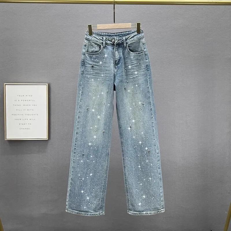 Qingpingjuan Lente Zomer Hanger Ontwerp Hoge Taille Wassen Jeans Dames Losse Afslankende en Bijpassende Rechte Broek M blauw