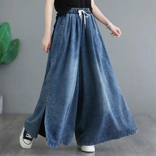 QGOOD Oversized jeans lente zomer lange wijde pijpen broek vrouwen losse geplooide mode split dames broek elastische hoge taille dames broek XXXL blauw