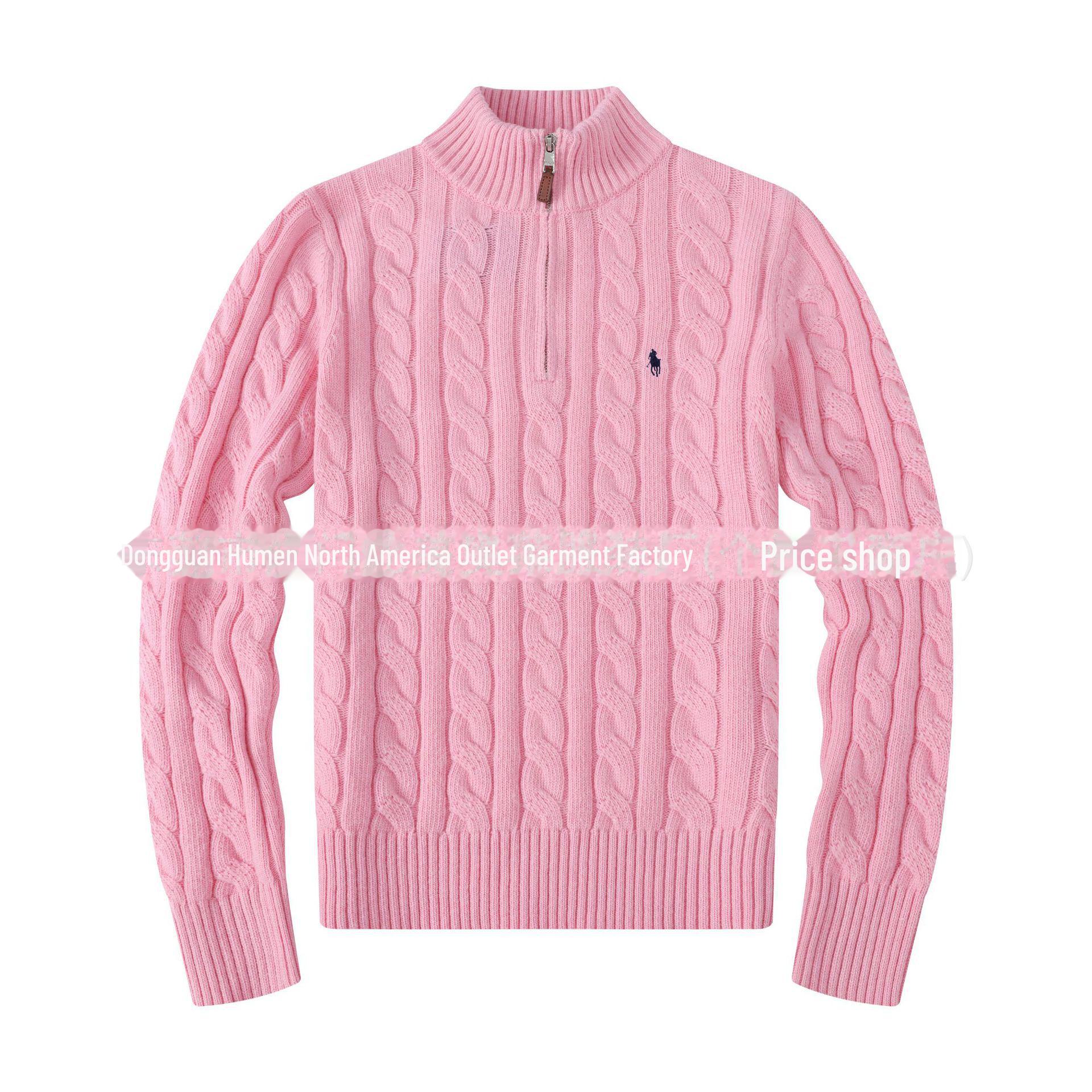 StrideBox Men's Wool Zipper Sweater with RL Pony Logo - Stand Collar, Casual Style S roze