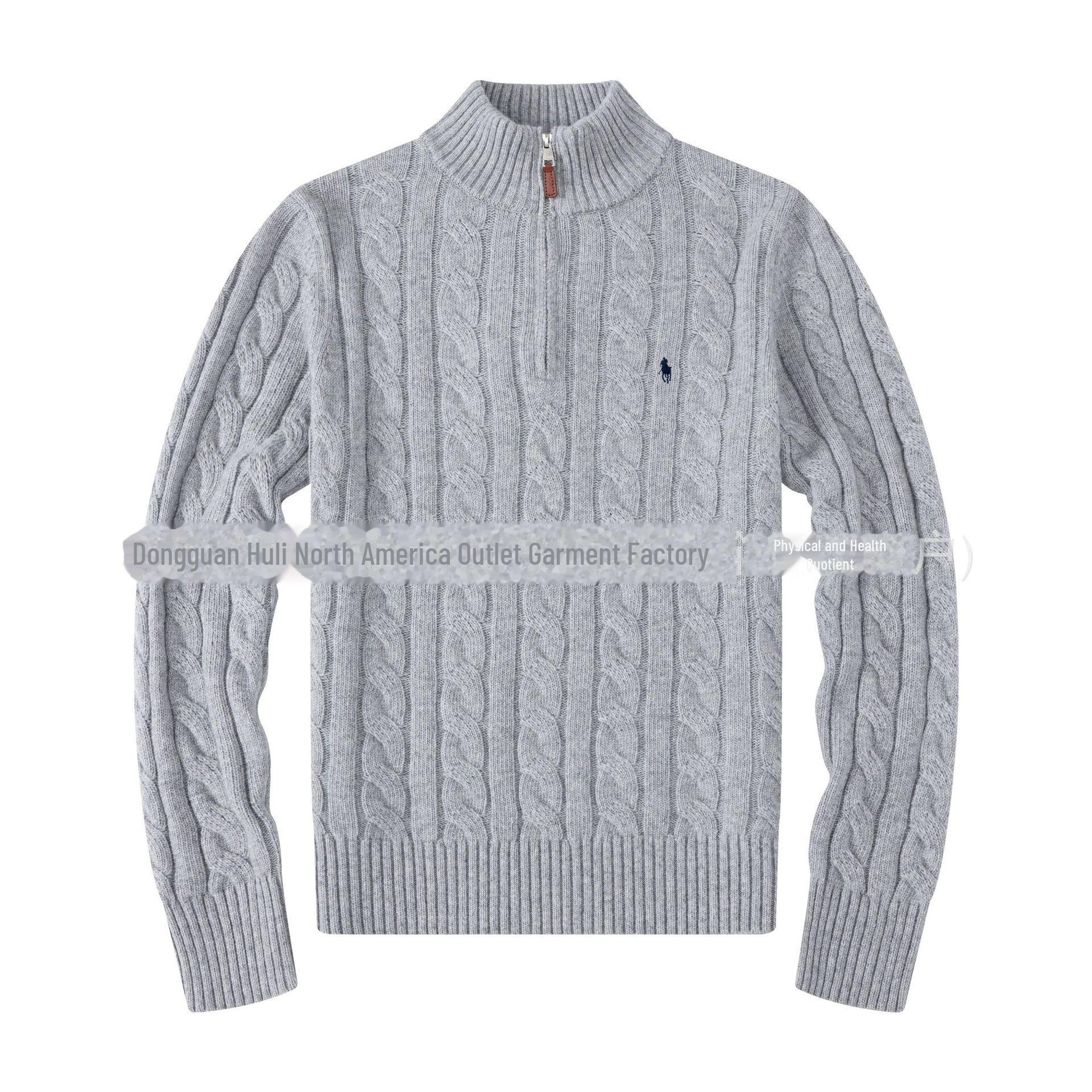 StrideBox Men's Wool Zipper Sweater with RL Pony Logo - Stand Collar, Casual Style L grijze kleur