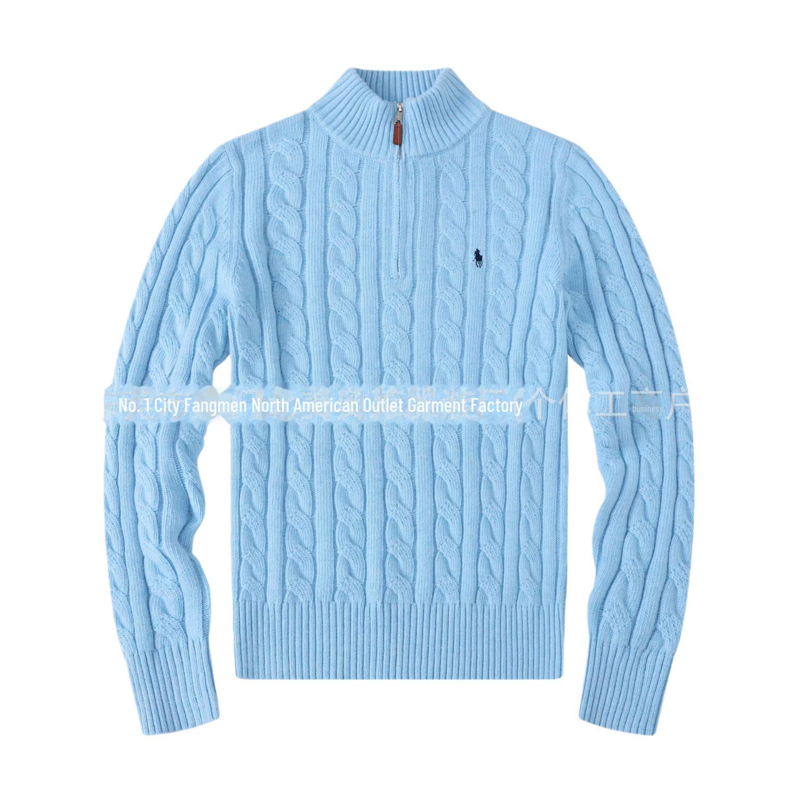 StrideBox Men's Wool Zipper Sweater with RL Pony Logo - Stand Collar, Casual Style L hemelsblauwe kleur